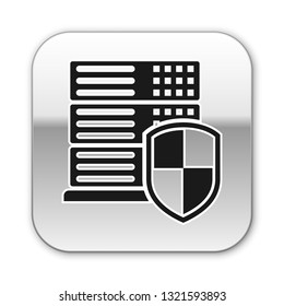 Black Server with shield icon isolated on white background. Protection against attacks. Network firewall, router, switch or server, data, center. Silver square button. Vector Illustration