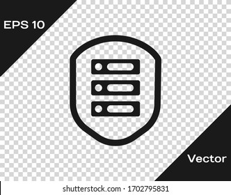 Black Server with shield icon isolated on transparent background. Protection against attacks. Network firewall, router, switch, data. Vector Illustration