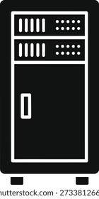 A black server tower icon with a white outline, featuring a handle and ventilation details, isolated on white background