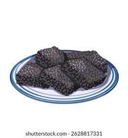 Black sesame pudding squares served on a plate. Traditional Asian dessert with rich dark color and glossy texture. Cartoon food vector illustration for menu, icon, or packaging design