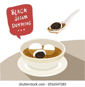 Black sesame rice balls dumplings in hot ginger syrup sweet soup on white background. Vector illustration.