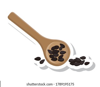 Black sesame seeds with wood spoon isolated on white background