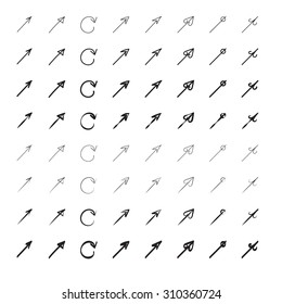 Black set of 64 hand drawn arrows. Vector