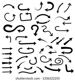 Black set of arrows. Hand drawn doodle. Vector illustration isolated on white background