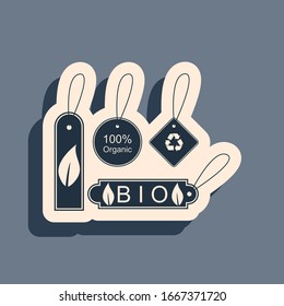 Black Set of banners, labels, tags, logos for eco green healthy foods icon isolated on grey background. Organic products. Healthy food stickers. Long shadow style. Vector Illustration