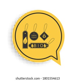 Black Set of banners, labels, tags, logos for eco green healthy foods icon isolated on white background. Organic products. Healthy food stickers. Yellow speech bubble symbol. Vector.