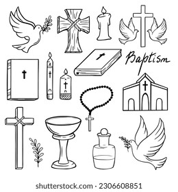 Black set of baptism related icons. Christian religion icons