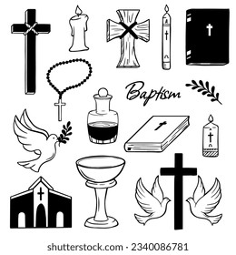 Black set of baptism related icons. Christian religion icons