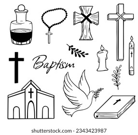 Black set of baptism related icons. Christian religion icons