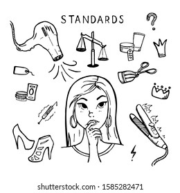 Black set Beauty standards for girls with popular beauty patterns. Isolated vector doodle personal care products and accessories on white background. Young girl or woman makes a decision.