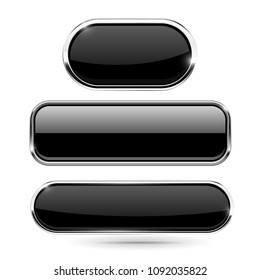 Black set of buttons with chrome frame. Vector 3d illustration isolated on white background