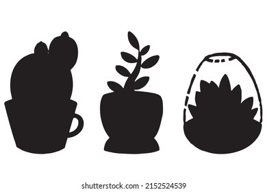 Black set cactus silhouettes. Cactus silhouette on pot isolated on white background. Vector illustration cactus icon black and white.