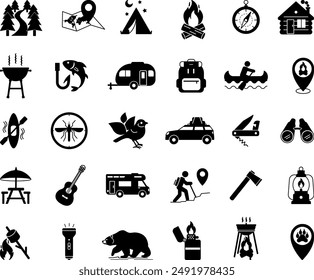 Conjunto negro de iconos de camping. Vector Iconos Camp, Bosque, Barbacoa, Kayak, Viaje por carretera, Caravana, Hoguera, Binoculares, Hacha, Oso, Mapa y Otros