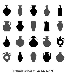 Conjunto negro de maceta de cerámica. Colección de siluetas con tazón. Vasos de cerámica retro de estilo minimalista moderno. Iconos de alfarería vectorial para logotipo, postal, afiches, publicaciones e historias