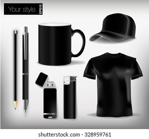 Black set for corporate identity design kit, pen, cap, shirt, flash drive, cup, lighters, pencil. Vector illustration