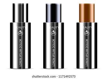 Black set of cosmetic products on a white background. Cosmetic package collection for cream, soups, foams, shampoo with different caps. Vector blank mock up for brand template.