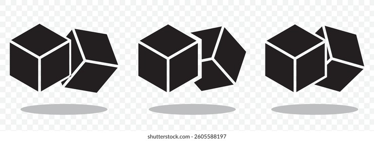 Black set of cubes illustration. 3d box perspective sign Cube vector icon on transparent Background. EPS 10.