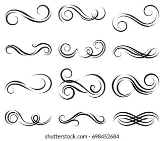 Black set of curls and scrolls. Elegant swirls collection for wall decoration and tattoos. Vector illustration.