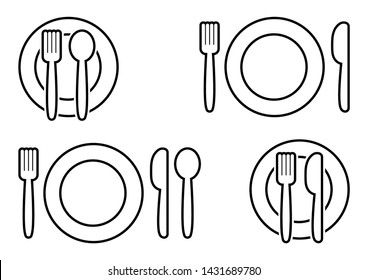 Black set of cutlery. Fork, spoon, knife and plate, outline design. Vector illustration