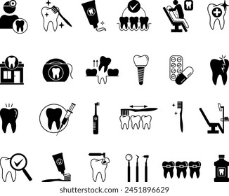 Conjunto de iconos dentales negros. Ícono de Vector de odontología, diente, implante, diente roto, aparatos ortopédicos, cuidado dental, extracción dental, examen y otros