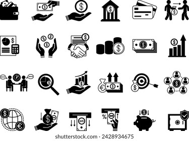 Black Set of Finance Icons. Vector Icons of Money, Credit Cards, Lender, Increasing Income, Budget, Deposit, Withdrawing Money, Financial Monitoring, Bank, Mutual Fund, and Other