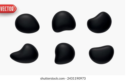 Black Set of flat liquid drops of different shapes of objects realistic 3d design. Design elements isolated on white background. Vector illustration