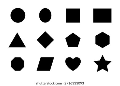 Conjunto negro de Formas geométricas con forma de círculo, cuadrado, triángulo, hexágono, estrella, corazón y matemáticas más básicas