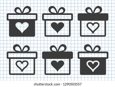 Black set of gift boxes with heart on checkered background. Vector illustration