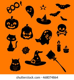 Black set for Halloween: ghosts, pumpkins, hats.
