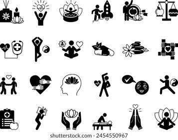 Black Set of Health Icons. Mental Health. Vector Icons of Relaxation, Yoga, Aromatherapy, Massage, Balanced Diet, Spa, Herbal Medicine, Spirituality, Stress Management and Other