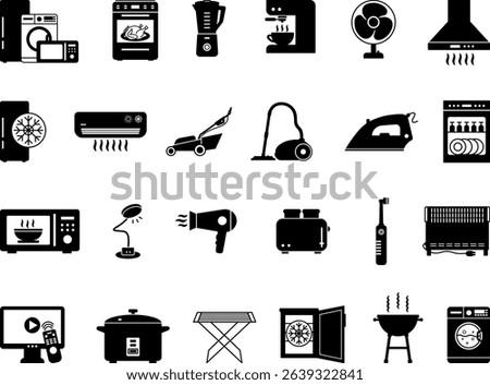 Black Set Of Home Appliances. Vector Illustrations Refrigerator, Washing Machine, Oven, Vacuum Cleaner, Microwave Oven, Toaster, Iron, Air Conditioner, Lawn Mower, Coffee Maker, And Others