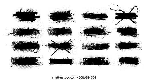 Black set ink brushstroke and paint brush template with splashes grunge. Ink brush stroke, lines, frame, paint textured set. Artistic Boxes isolated texture with drops blots. Vector grunge box