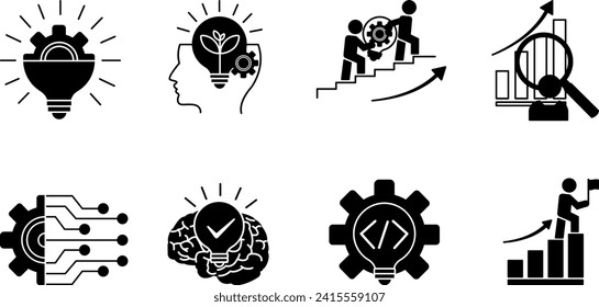 Conjunto negro de iconos de la innovación. Iconos vectoriales de éxito, trabajo en equipo, desarrollo, tecnología, análisis, creatividad, inspiración e innovación