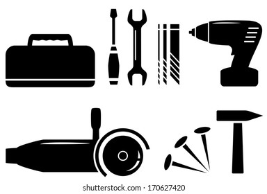 black set with isolated repair tools silhouette