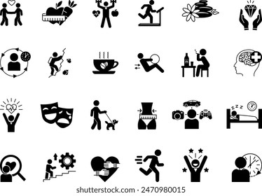 Black Set of Lifestyle Icons. Vector Icons of Diet, Exercise, Healthy Lifestyle, Relaxation, Unhealthy Lifestyle, Luxury Lifestyle, Weight Loss, Habits, Interests, Leisure and Other