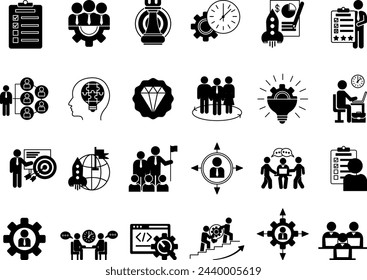 Black Set of Management Icons. Vector Icons of Planning, Training, Development, Human Resources, Goals, Leadership, Employee and Other