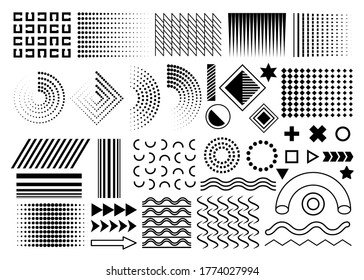 black set of memphis design elements, vector memphis geometric simple isolated graphic elements collection for your design projects. isolated circles, waves, dots, gradients on white background.