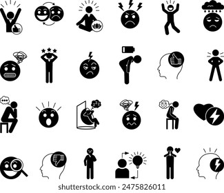 Black Set of Mood Icons. Vector Icons of Sad, Excited, Joyful, Angry Anxious, Pensive, Surprised, Tired, Jealous, Optimistic, Confident, and Others