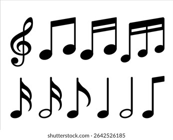 Conjunto negro de notas musicales. Conjunto de iconos de símbolos clave musicales. Ilustración vectorial aislada sobre fondo blanco
