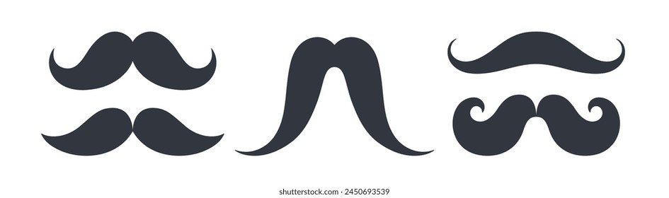 Black set mustaches. Collection silhouette black vintage moustache isolated on white background. Symbol of Fathers day, sign for Barber Shop. Retro curly hipster moustaches. Vector illustration
