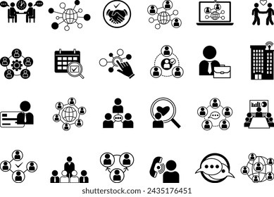 Black Set of Networking Icons. Vector Icons of Social Networks, Collaboration, Contacts, Referral, Handshakes, Mentoring, Connection, Communication, Network Building, and Others