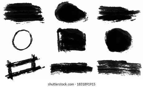 Black set paint, ink brush, brush strokes, brushes, lines, frames, box, grungy. Grungy brushes collection. Brush stroke paint boxes on white background.

