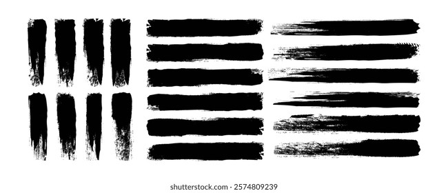Black set paint, ink brush, brush strokes, brushes, lines, frames, box, grungy. Grungy brushes collection. - stock vector.