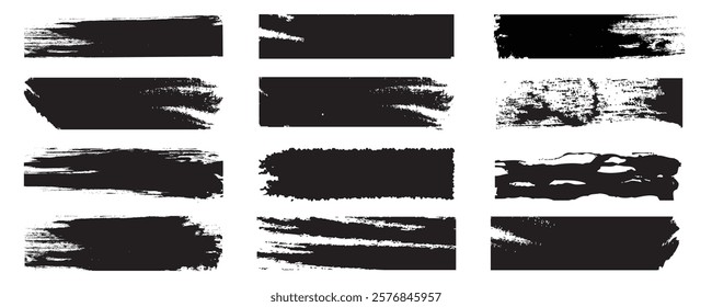 Black set paint, Ink brush, brush strokes, brushes, lines, frames, box, grungy. Grungy brushes watercolor splatter and illustration brush, photoshop brush, paint collection. Vector art.