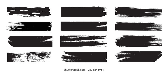 Black set paint, Ink brush, brush strokes, brushes, lines, frames, box, grungy. Grungy brushes watercolor splatter and illustration brush, photoshop brush, paint collection. Vector art.