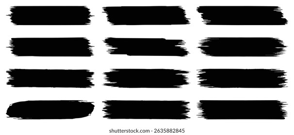 Black set paint, ink brush, brush strokes, brushes, lines, frames, box, grungy. Grungy brushes collection. Brush stroke paint boxes on white background - stock