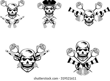 Black set of pirate emblems with skulls and guns