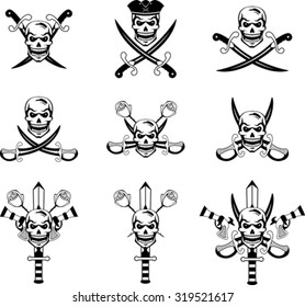 Black set of pirate emblems with skulls and swords