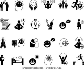 Black Set of Positive Thinking Icons. Vector Icons of Healthy Lifestyle, Patience, Gratitude, Calm, Bravery, Positive Attitude, Optimism, Volunteer, Sympathy and Other