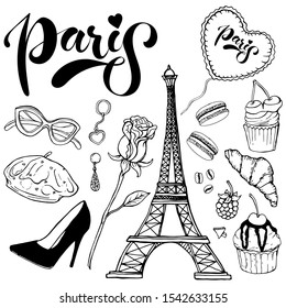 Black set of romantic object on a white background: rose, sweet, shoe, sunglasses, beret, earrings, raspberries, croissant, balloon, inscription Paris, Eiffel Tower, keychain, coffee beans, cake.